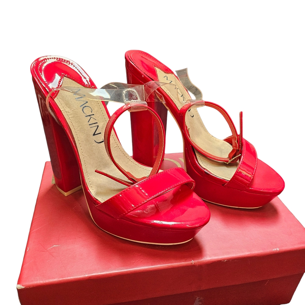 Mackin J Red Patent Open Toe Ankle Strapped Platform Chunky Heels Size 8